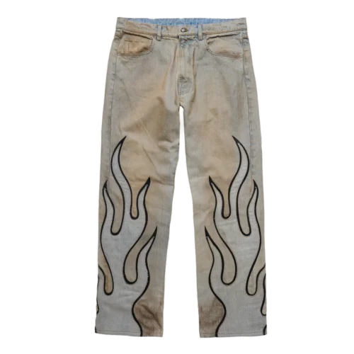 Flame Leather Appliqué Denim Pants – Dirty Blue Flame Leather Appliqué Denim Pants – Dirty Blue