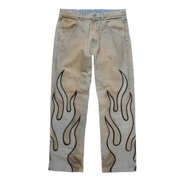 Flame Leather Appliqué Denim Pants – Dirty Blue Flame Leather Appliqué Denim Pants – Dirty Blue